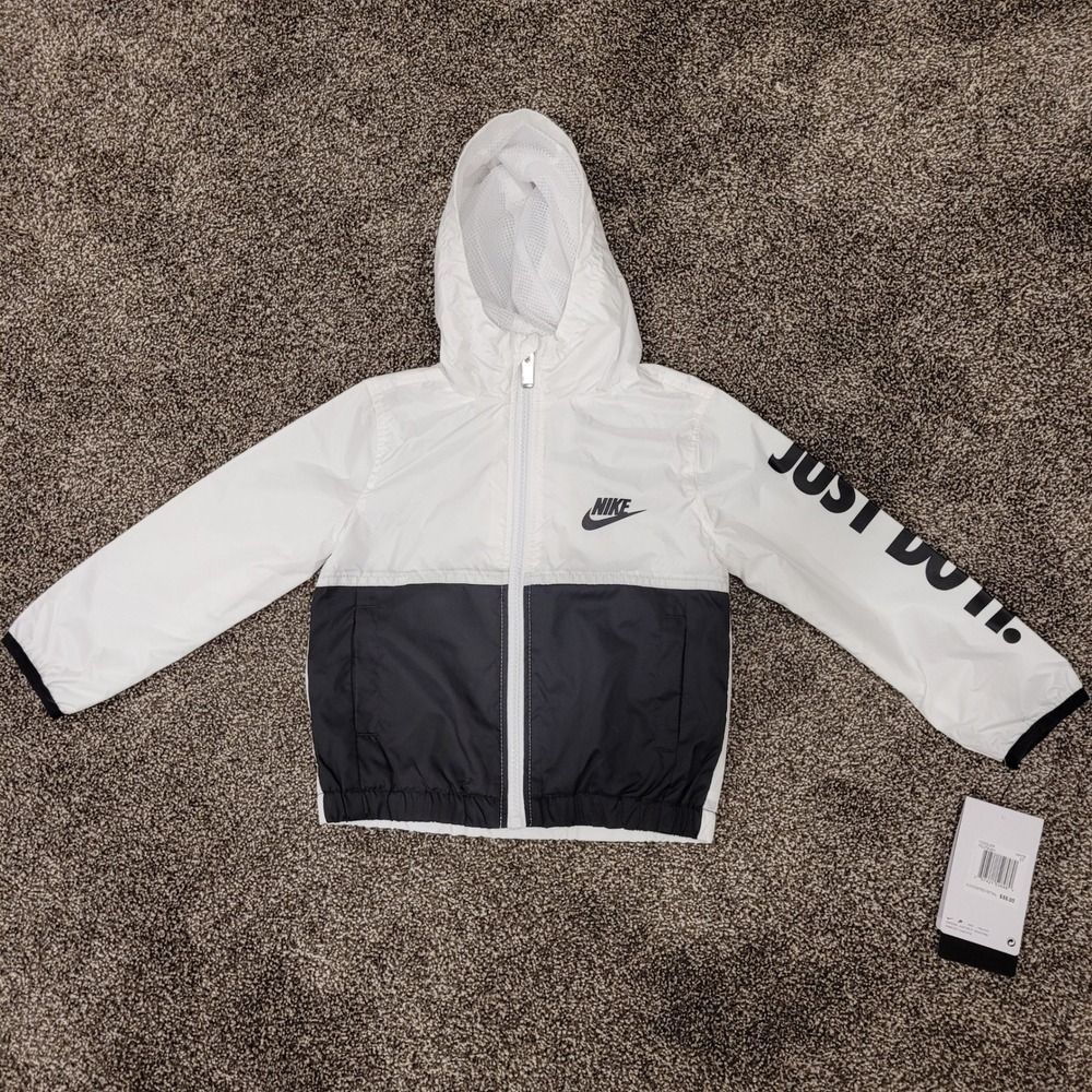 Nike Toddler Boys White Black Just Do It Hooded Windbreaker Jacket 2T 76J278-001